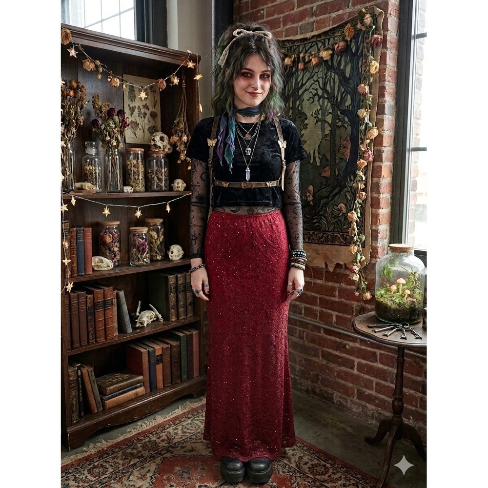 Vintage Y2K Slip Skirt Lace Sequins Fairy Whimsigoth Dark Romance Maxi Red Large